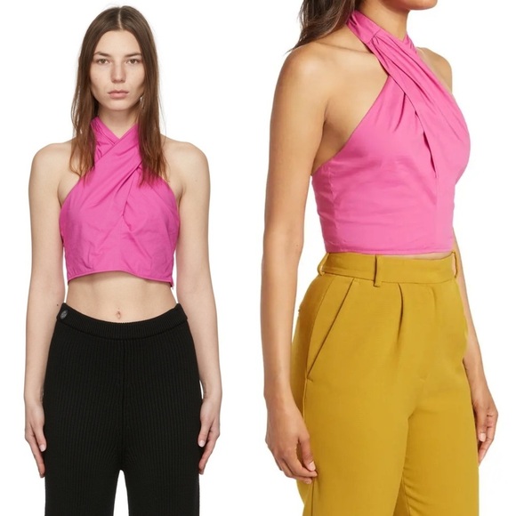 STAUD 70s Cotton Twist Front Open Back Halter Tie Neck Sleeveless Crop Top 0 - Picture 3 of 10